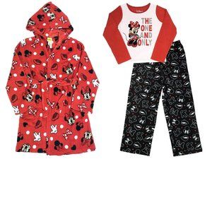 Girls Disney MINNIE MOUSE Fleece Pajamas & Hooded Robe Bathrobe Size  6 NEW
